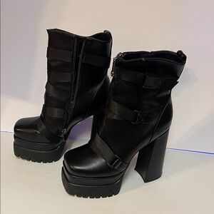 Women's Black Platform Ankle Boots - High Heel Combat Style